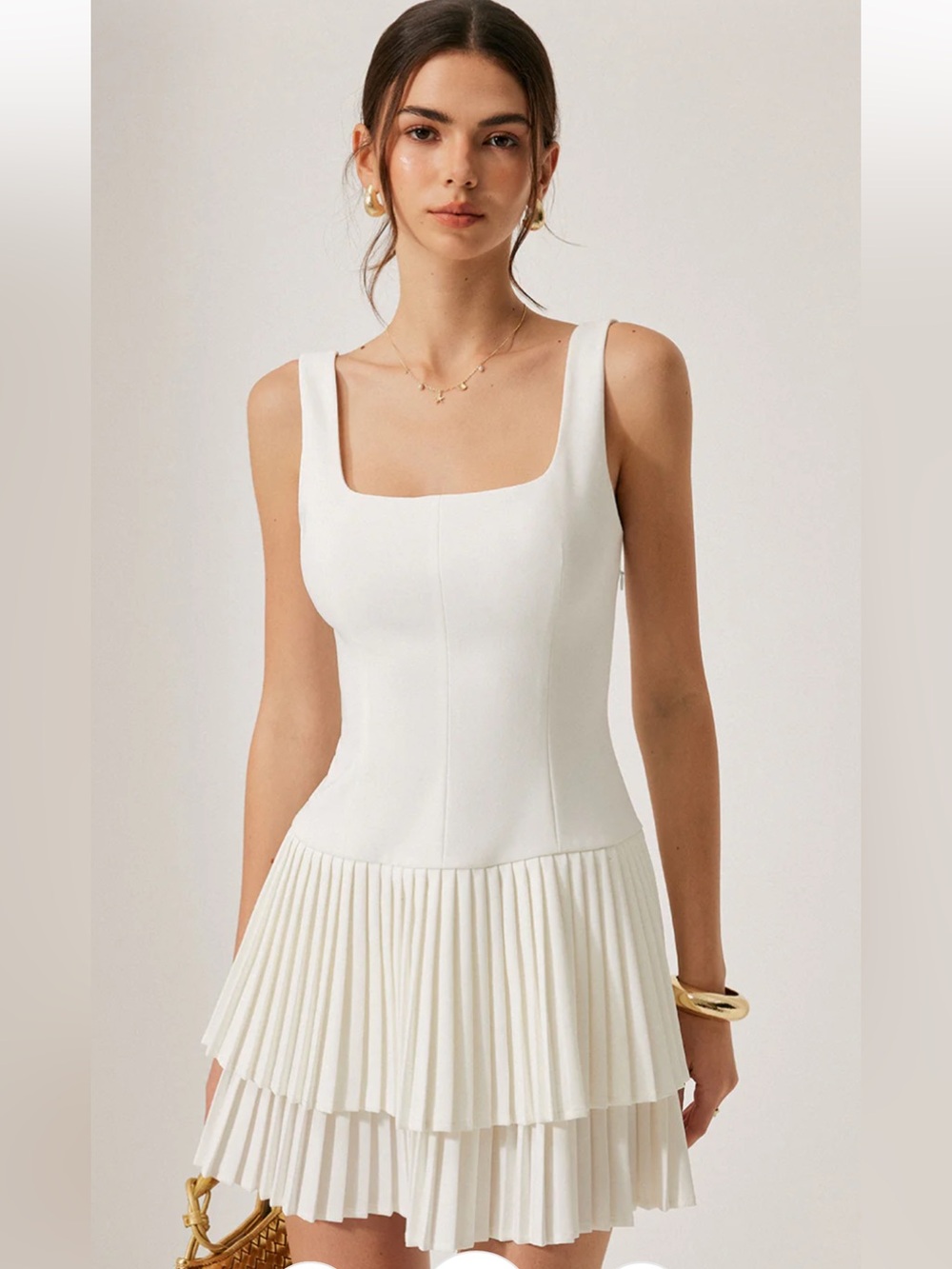 Commense Cream Pleated Overlay Square-Neck Top